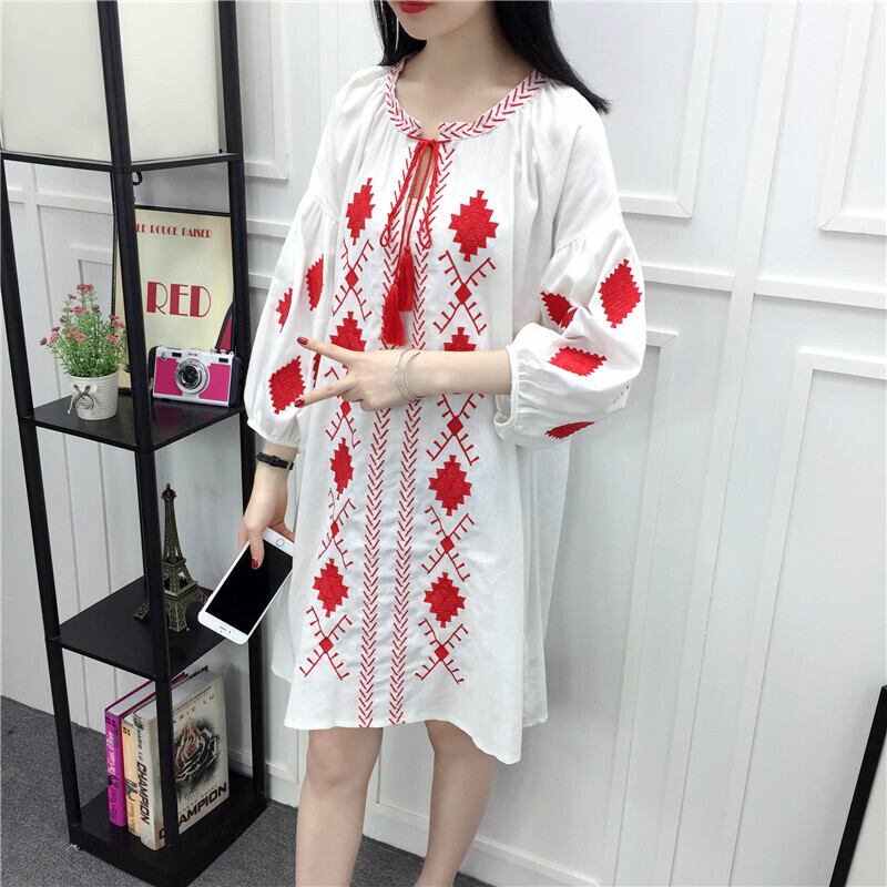 スタンダードエスニックスカート ボヘミアンルーズ薄手ドレス レッド コットン レトロ 刺繍 ビーチ 延命家ファッション3311733