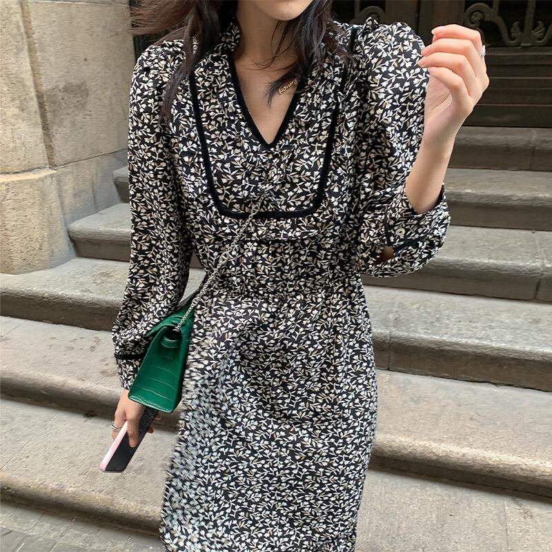 オータムウィンターVネックフローラルドレス ロングスカート ストリート 秋物 冬物 花柄 HUCHUJING93650353921