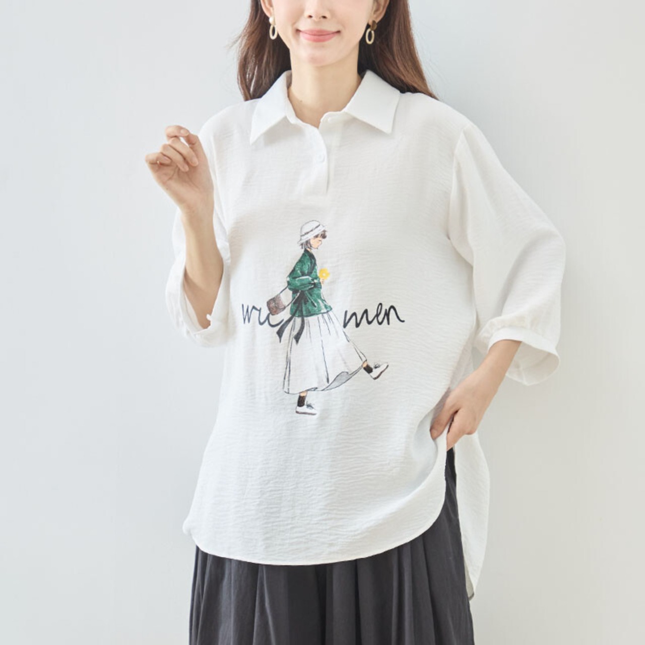 TRUBE ファッションガールイラストスキッパーカラートップス【L~LL】ホワイト