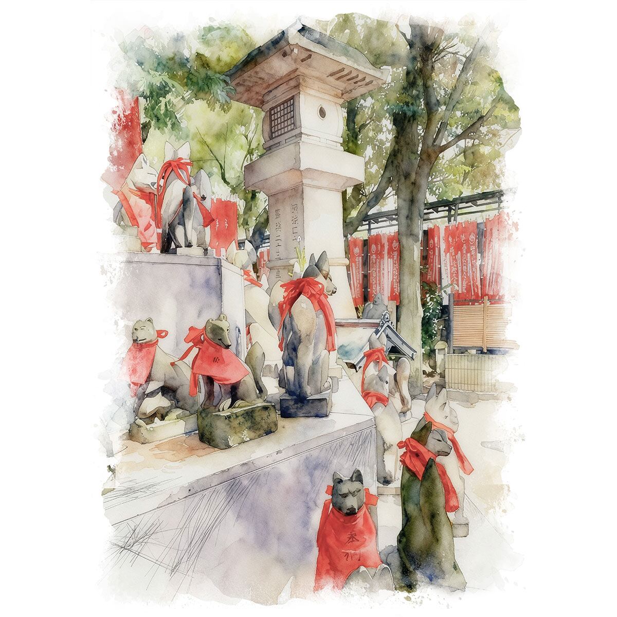 絵画 風景画(街並み) 日本 東京都 豊川稲荷東京別院 インテリアアート額付き 水彩画・油絵風 WAT1573