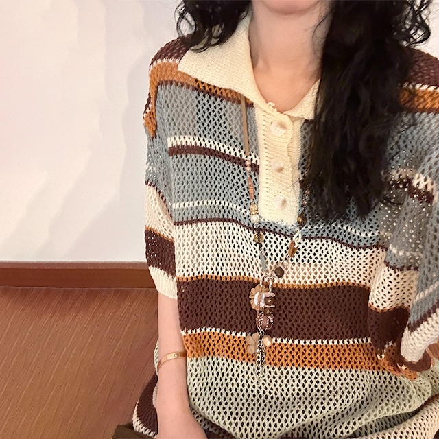 BUNACCカラーブロックストライプ柄メッシュ編み半袖ポロシャツ