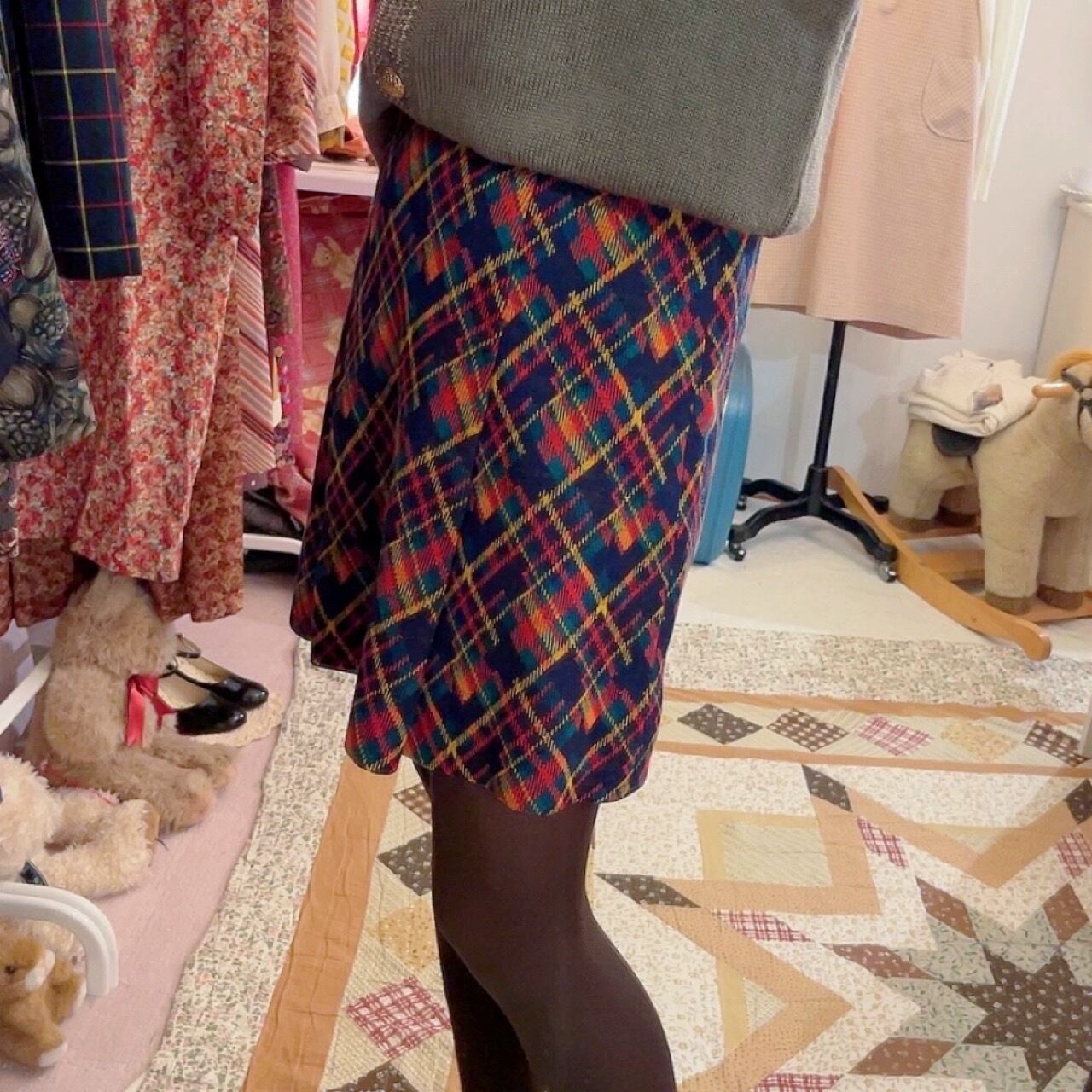 navy orange check mini tuck skirt