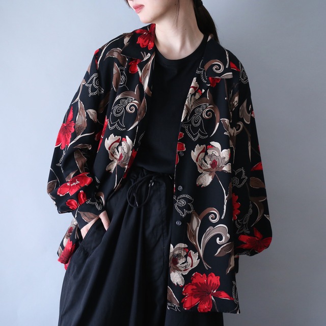 beautiful flower art pattern loose box silhouette open collar shirt