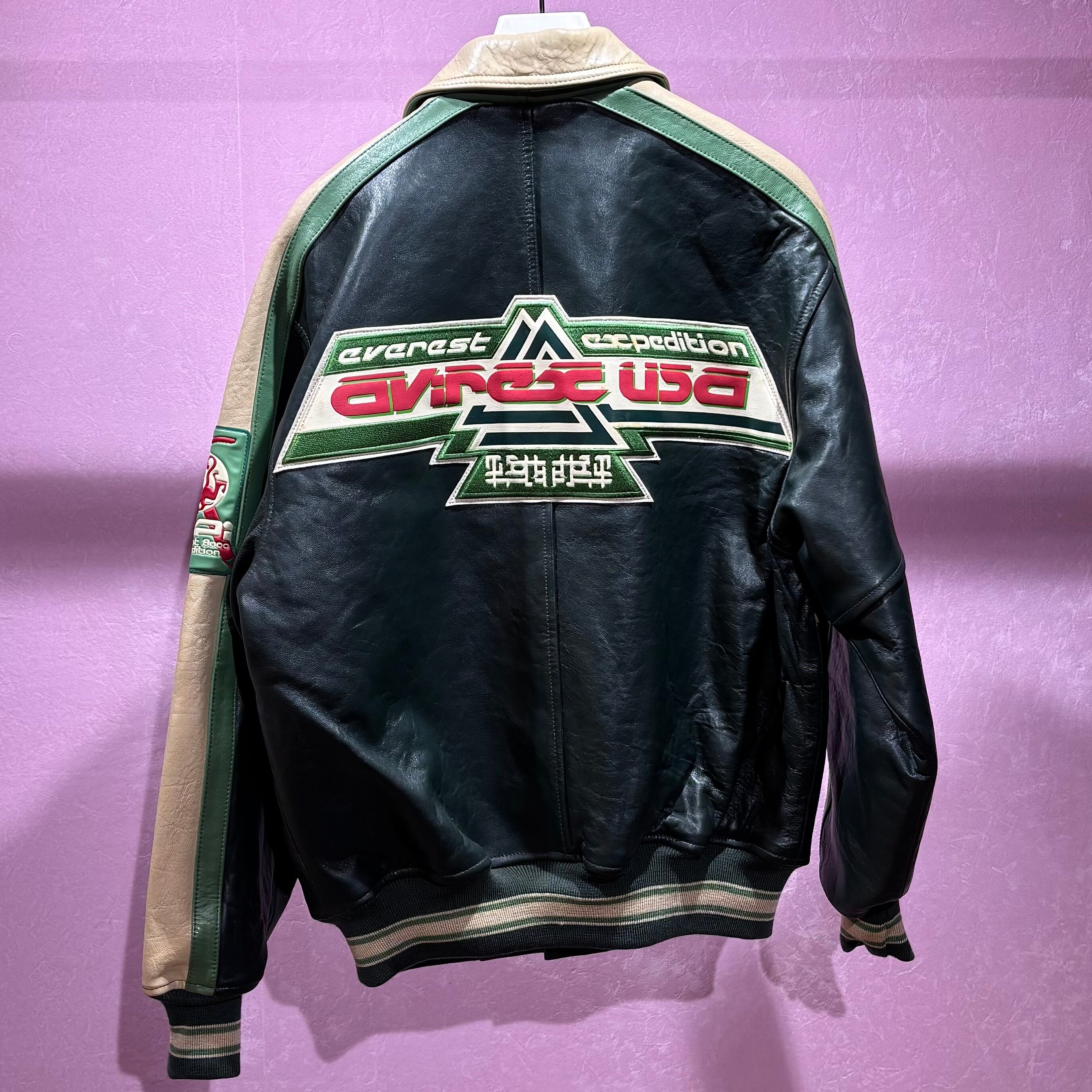 AVIREX USA VARSITY レザージャケット ブルゾン グリーン ベージュ 