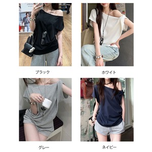 オフショルダー Tシャツ 半袖 ワンショルトップス レディース カットソー アシンメトリー 肩出し プルオーバー 無地 春夏 韓国 ストリート ギャザー 体型カバー 華奢見え [LS-CGT112]