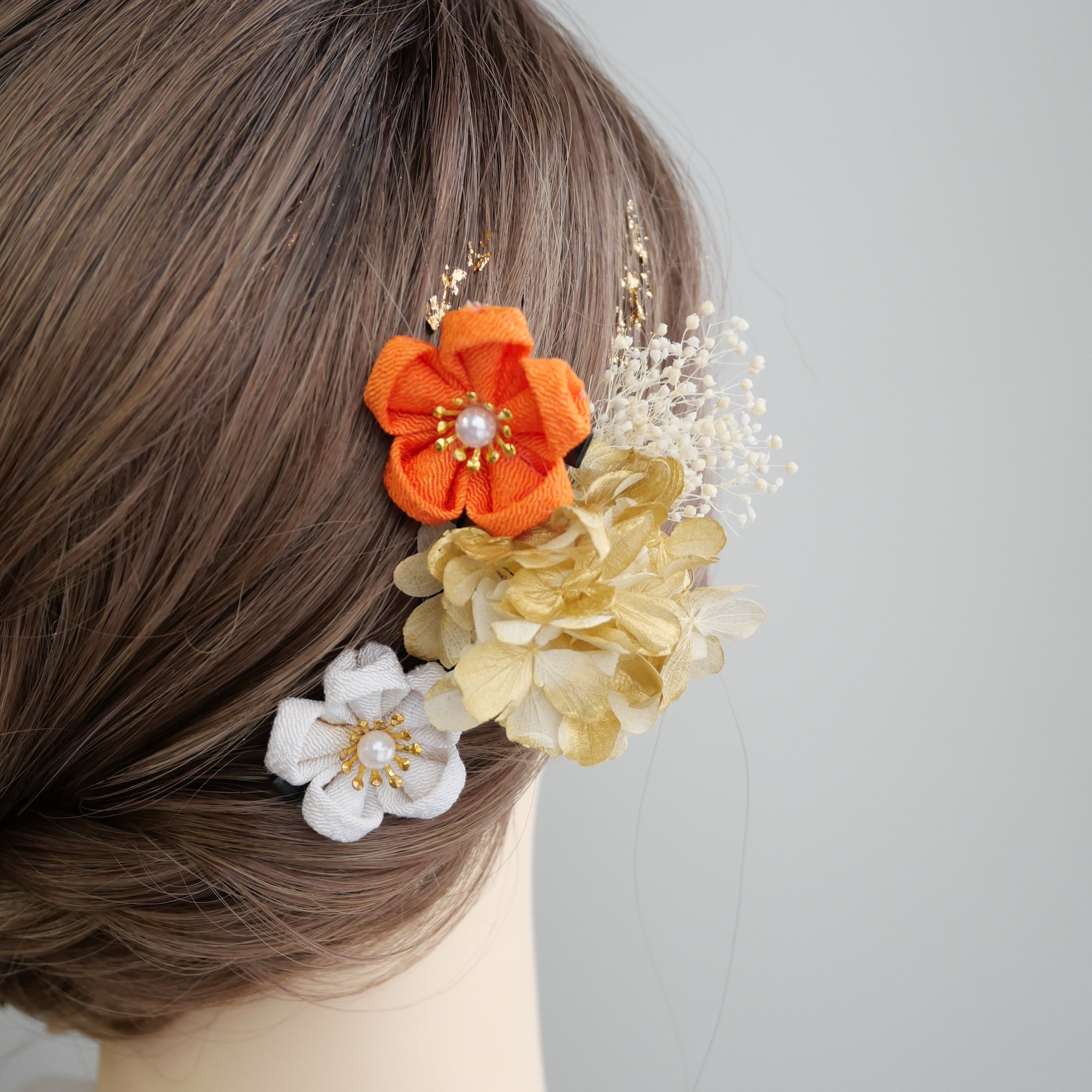 髪飾り018サイズ確認ページ♡ A424 つまみ細工 髪飾り オレンジ 卒業式 袴 結婚式 ドライフラワー