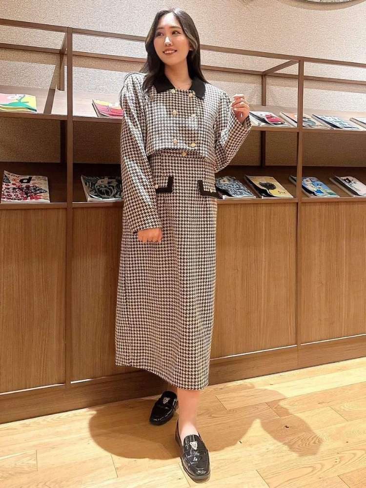 都会的な大人の女性 千鳥柄クロップド丈ジャケット× Iラインワンピース セットアップ フォーマル お呼ばれ レトロ クラシック 柄 大きいサイズ 韓国 CH5784