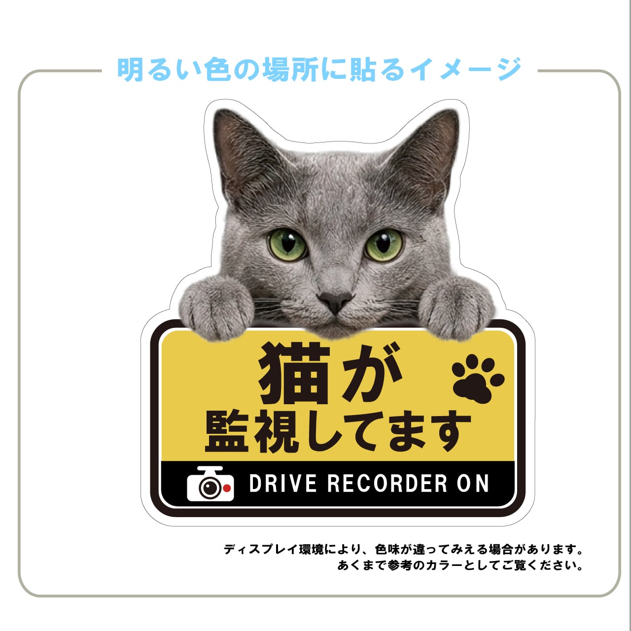 ロシアンブルー・猫・CAT・cat・ドライブレコーダー・ドラレコステッカー・撮影中・車・ステッカー・インクジェット印刷・角ゴシック・屋外用・猫好き・ドライブグッズ・監視しています・おもしろい・かわいい・肉球
