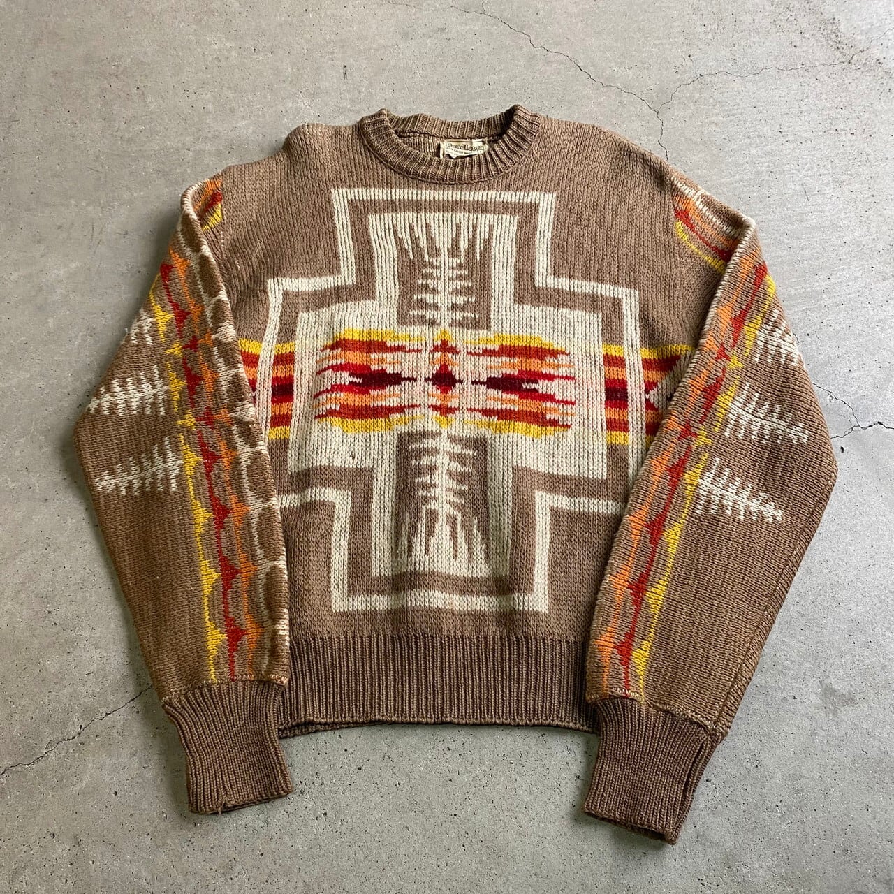 70年代 ペンドルトン ネイティブ柄 ウールニットセーター メンズl 古着 70s ビンテージ ヴィンテージ Pendleton ブラウン ベージュ 茶色 ニットセーター Cave 古着屋 公式 古着通販サイト