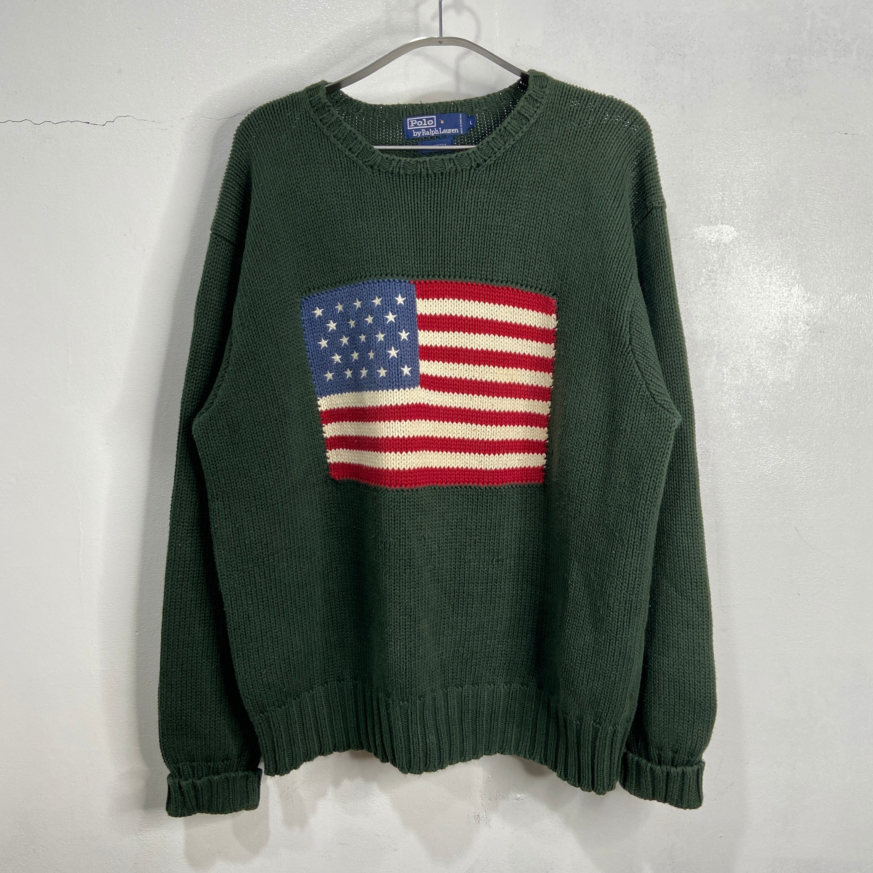送料無料』Ralph Lauren ラルフローレン 星条旗柄セーター 90s 緑 L