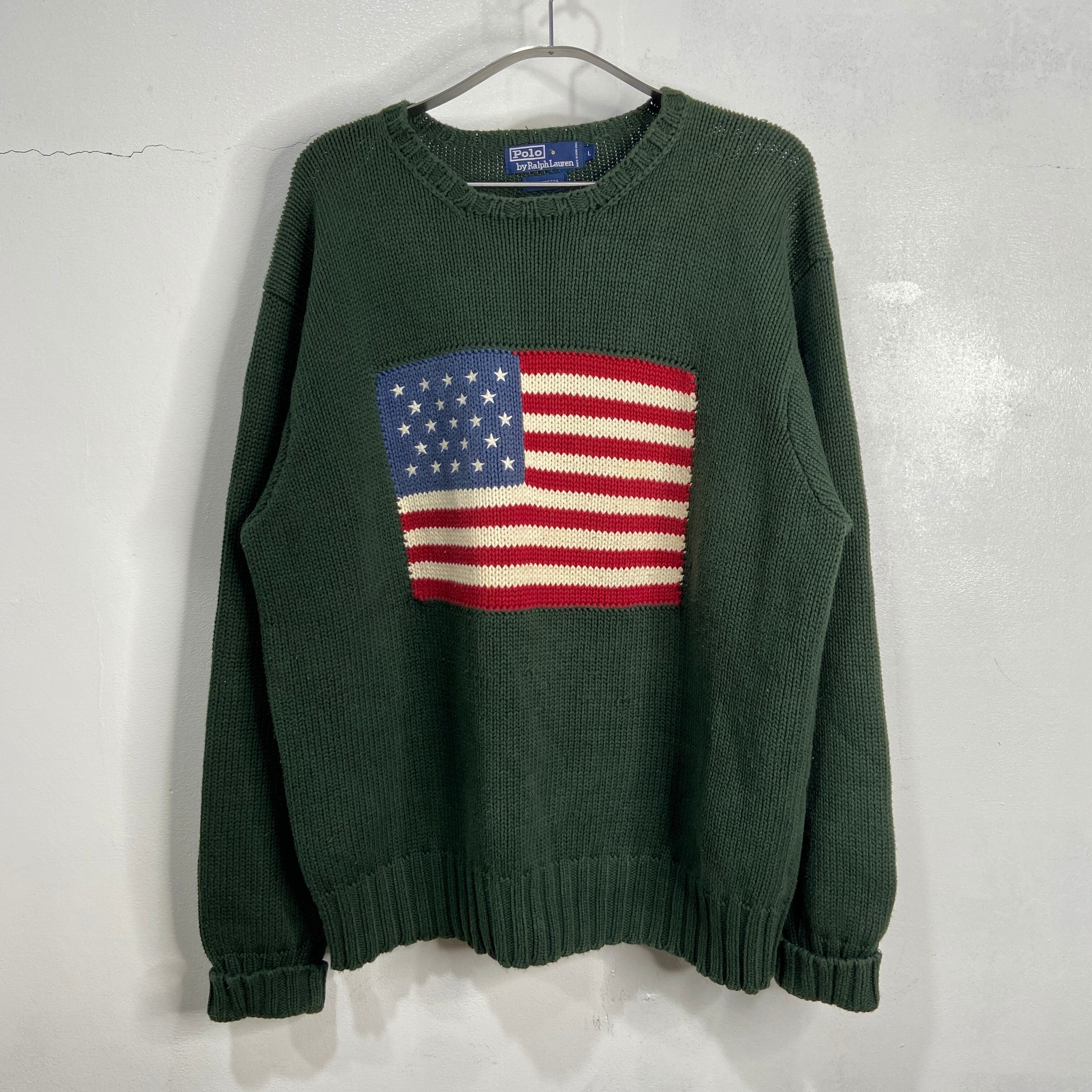 送料無料』Ralph Lauren ラルフローレン 星条旗柄セーター 90s 緑 L 