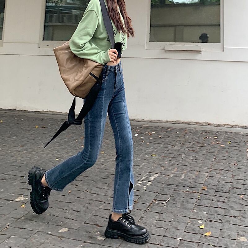 オータムハイウェストジーンズ ルーズ薄手パンツ レッド 秋物 モンロー43238154344