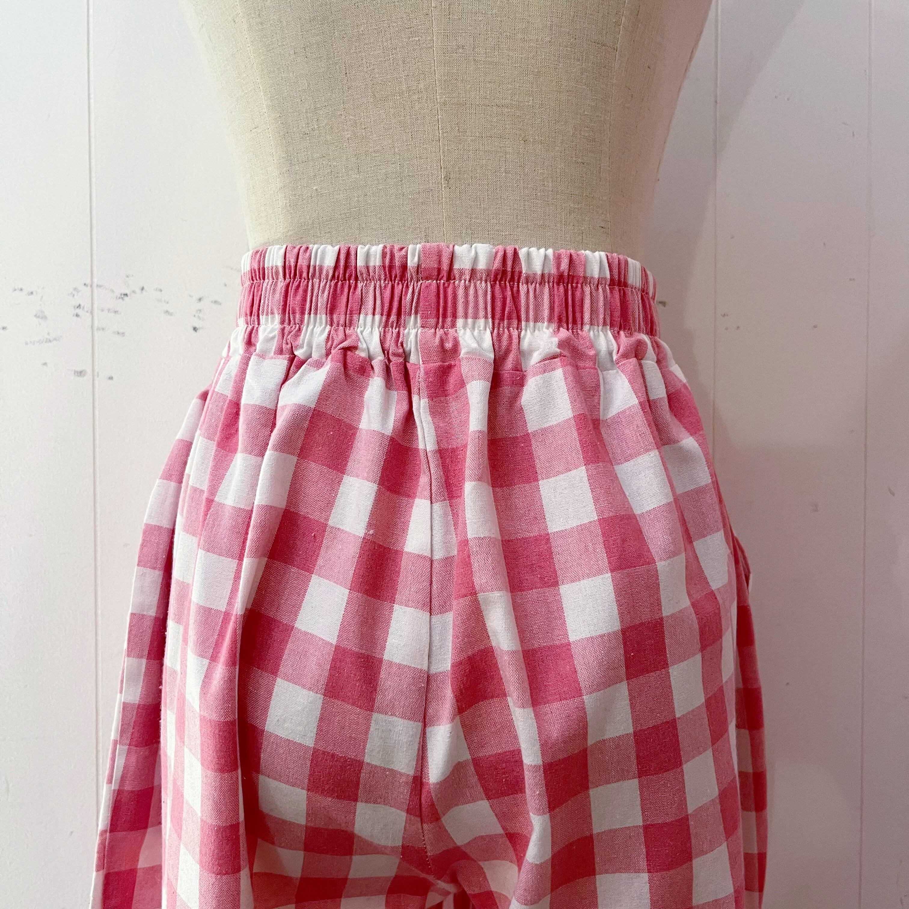 pink block check pants
