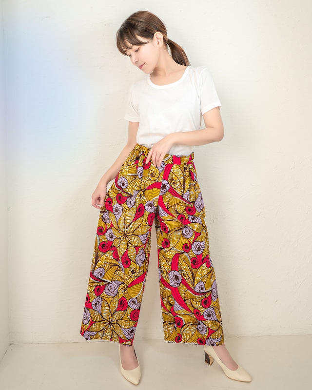 ワイドパンツ カーキ&ピンク（日本縫製）｜アフリカンプリント アフリカンファブリック アフリカンバティック パーニュ キテンゲ アフリカ布 ガーナ布