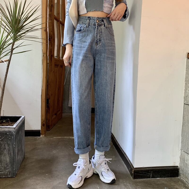 ブルーハイウエストジーンズレディース2020秋の学生の新バージョンルーズ、シン、スモールワイルドストレートレッグパンツ クレセントシティ84927760055