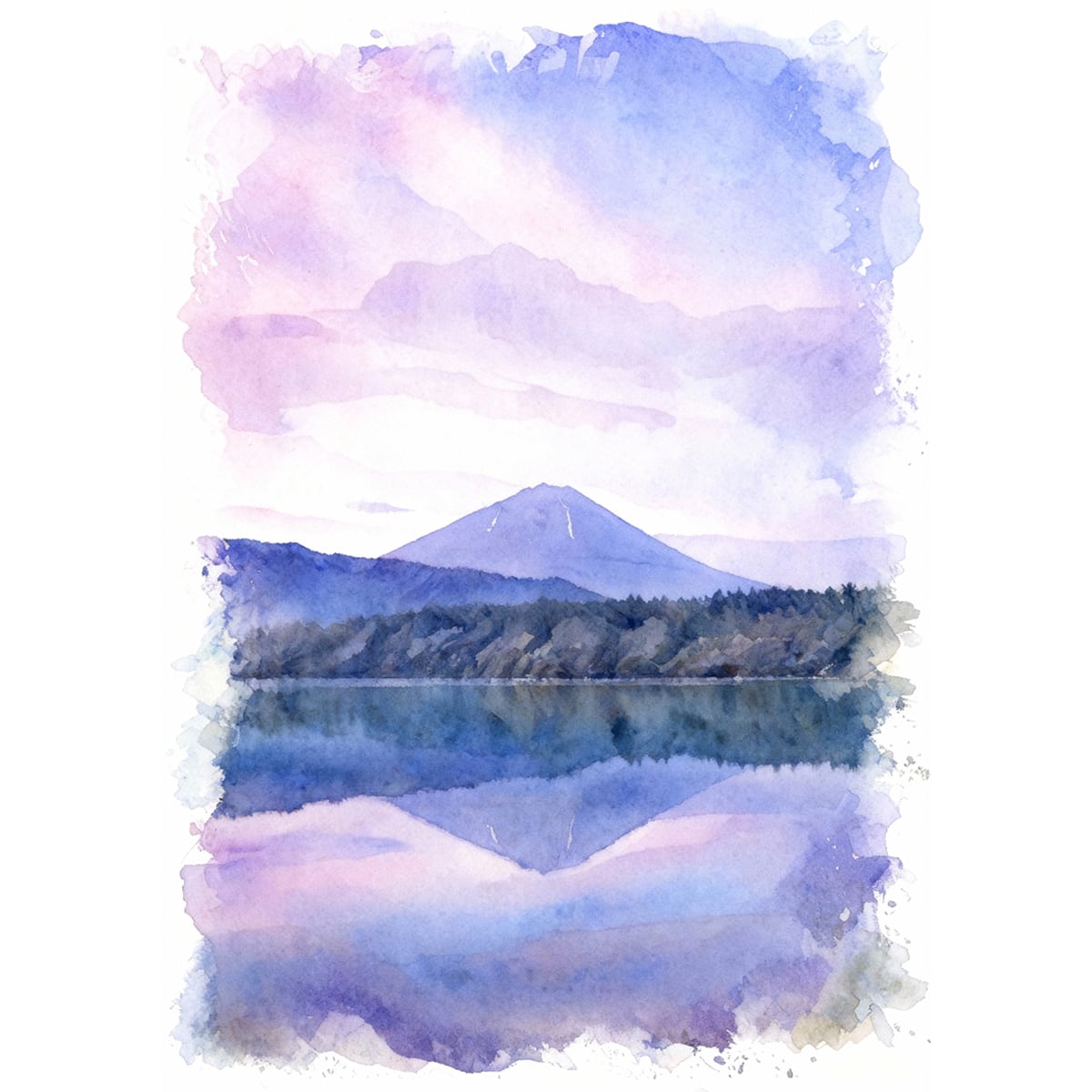 絵画 風景画 日本 山梨県 精進湖から見た富士山 インテリアアート額付き 水彩画風 WAT1701
