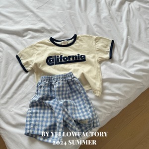 【 yellow factory】ギンガムナチュラルコットンショートパンツ 80〜120cm ブルー 240529