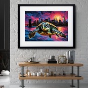 Leaving New York｜コラージュアートポスター 空を飛ぶ亀が描く幻想世界｜モダン空間を彩るユニークで神秘的なインテリア作品A4ポスター