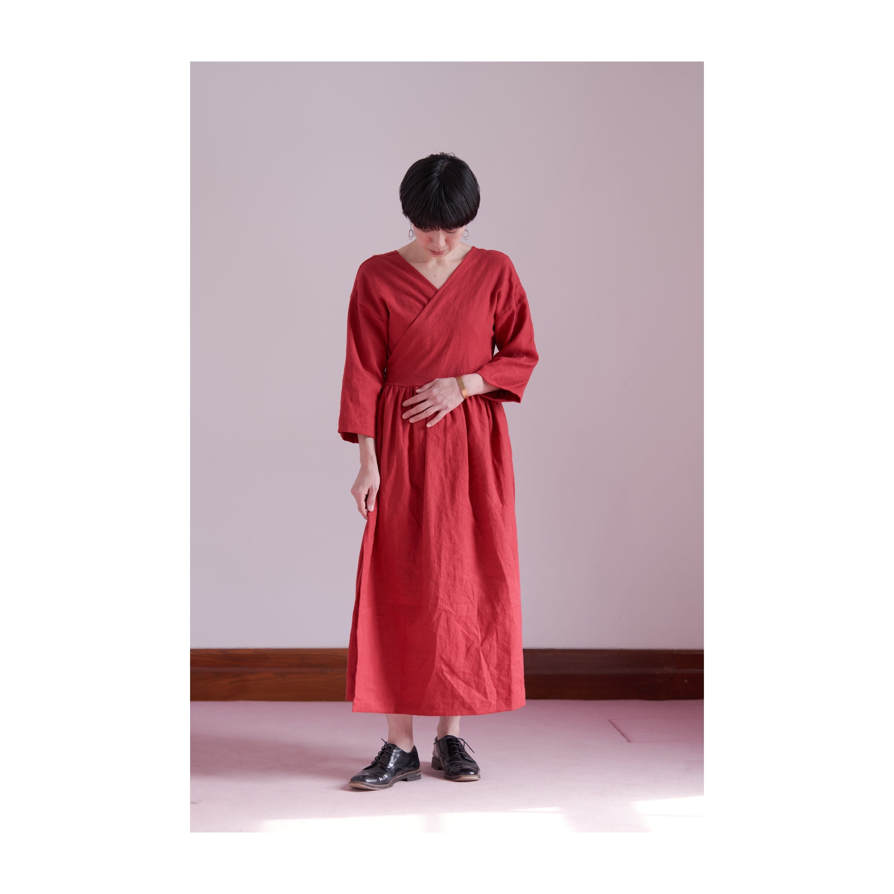 リネン 2wayカシュクールワンピース 赤 Linen Cache-Coeur Dress | Kajiku