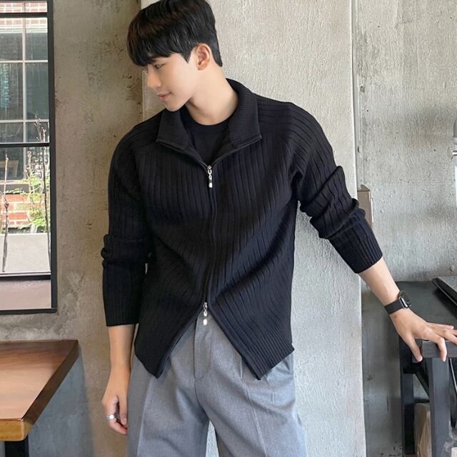 【予約販売】カーディガン リブニット セーター ハイネック 無地 ジップアップ メンズ ブラック こなれ感 ストリート お洒落 韓国 トレンド 秋冬 M/L/XL