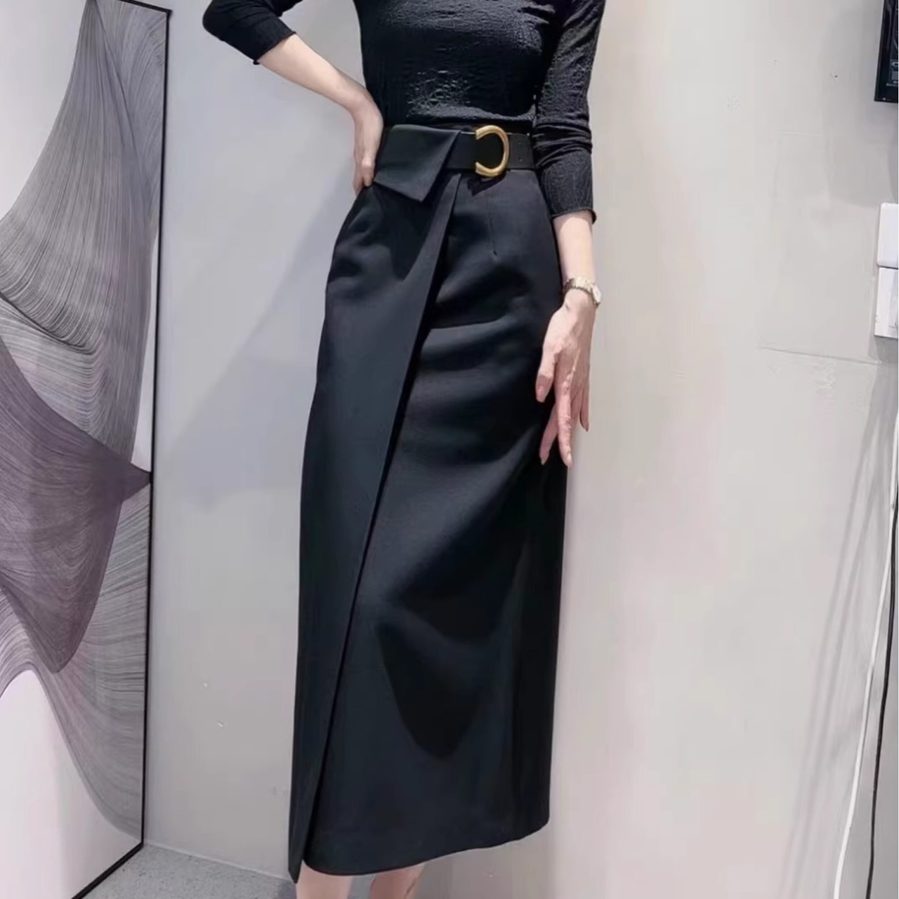 ベルト付き ラップ風 ミモレ丈 スカート 　全2色　 00030