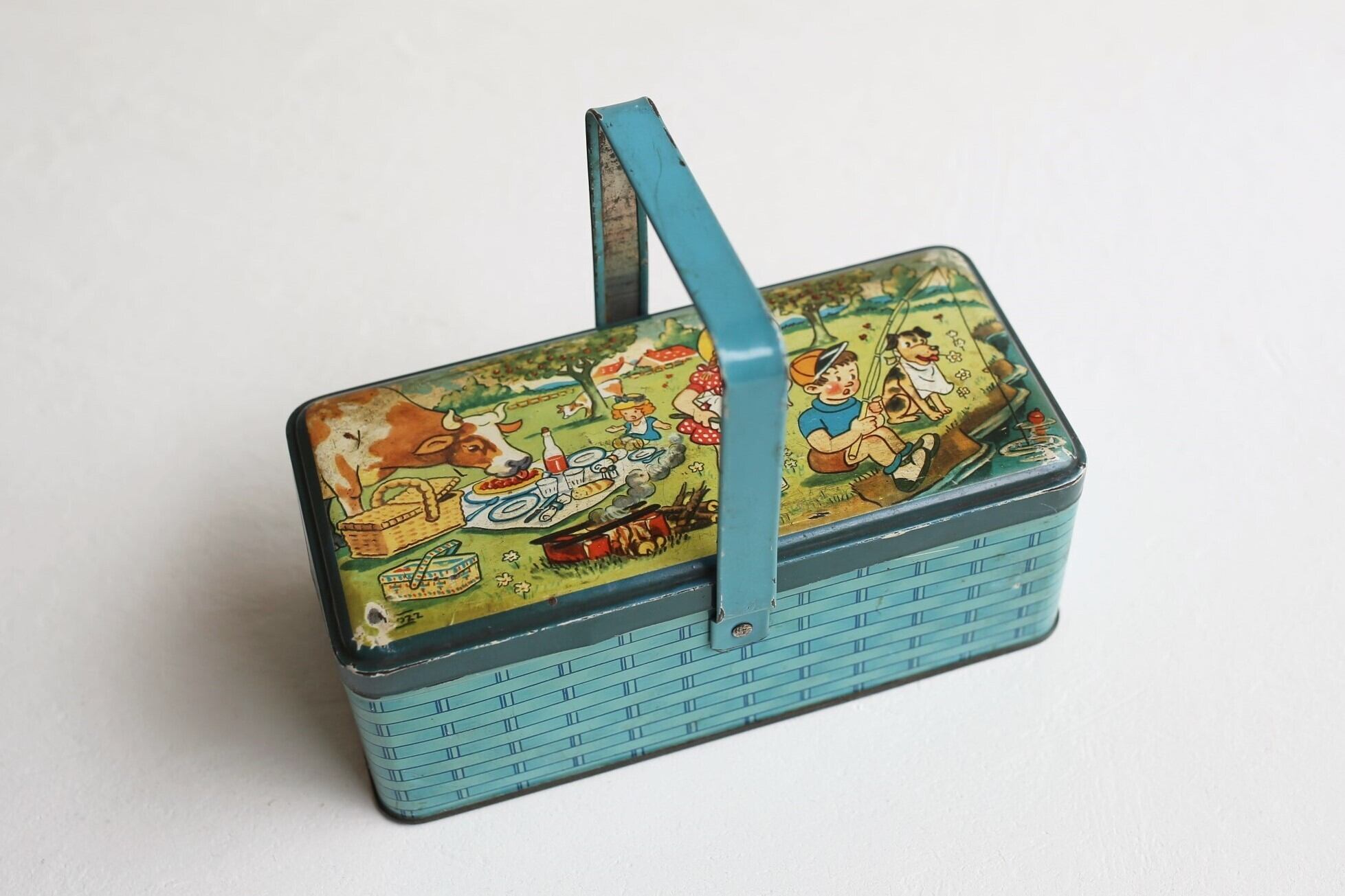 フランス アンティーク ヴィンテージ バスケット パニエ 缶 ピクニック柄 N-03466