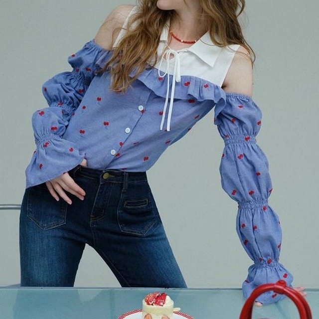 cute cherry ruffle off shoulder shirt 0281
