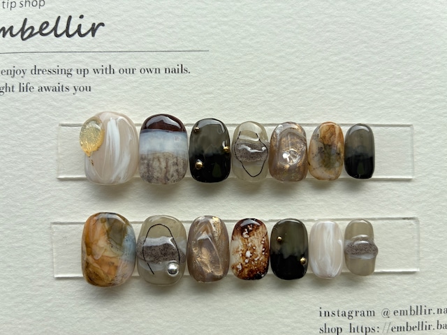サイズ固定14本セット ヒマラヤ水晶×ブラックワイヤーシアーアースネイルチップ