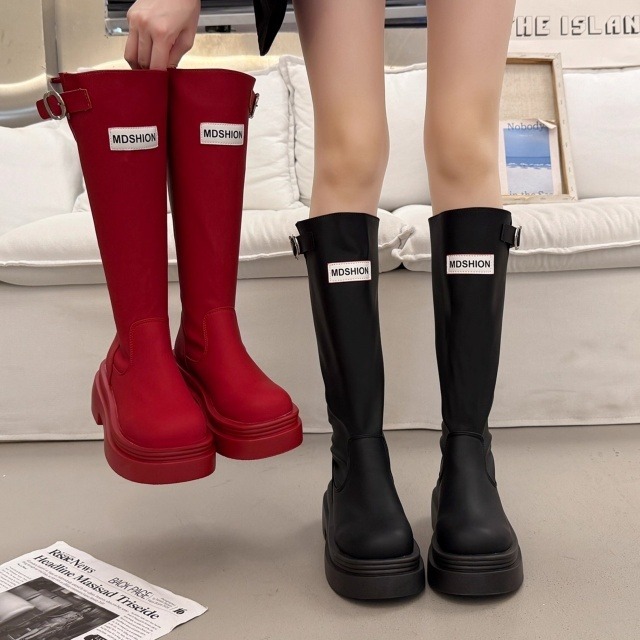 【予約販売】ブーツ レディース ブラック レッド スリム 防寒 ロング丈 厚底 ヒール カジュアル 可愛い トレンド 靴 お洒落 韓国 秋 冬 22.5cm/23cm/23.5cm/24cm/24.5cm/25cm