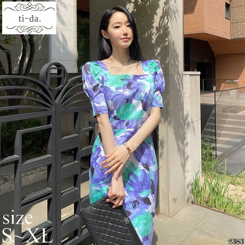 No 23 韓国ワンピース きれいめワンピース 大人可愛いワンピース タイトワンピース 花柄ワンピース パフスリーブ パープル レディース Ti Da 韓国ワンピース専門店