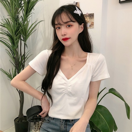 ✞ Tシャツ シャツブラウスプリーツVネックスリムショートソリッド カラー大人女子☆ ソリッドカラー ✞ゴスロリ SM ミリ 甘ロリ クラロリ 和ロリ エレガント 黒ロリ 姫ロリ 華ロリ BB-BB5313423