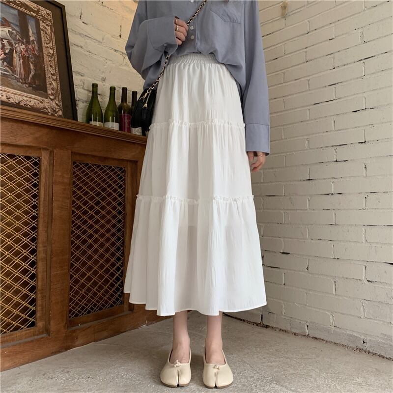 オータムホワイトスカート ハイウェストウェスト薄手サマープリーツ 夏物 秋物 1号婦人30739876538