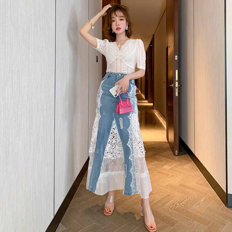 スリムVネックレースシャツ スカート スタイルスプリング 春物 ステッチ MIUCO99082476909