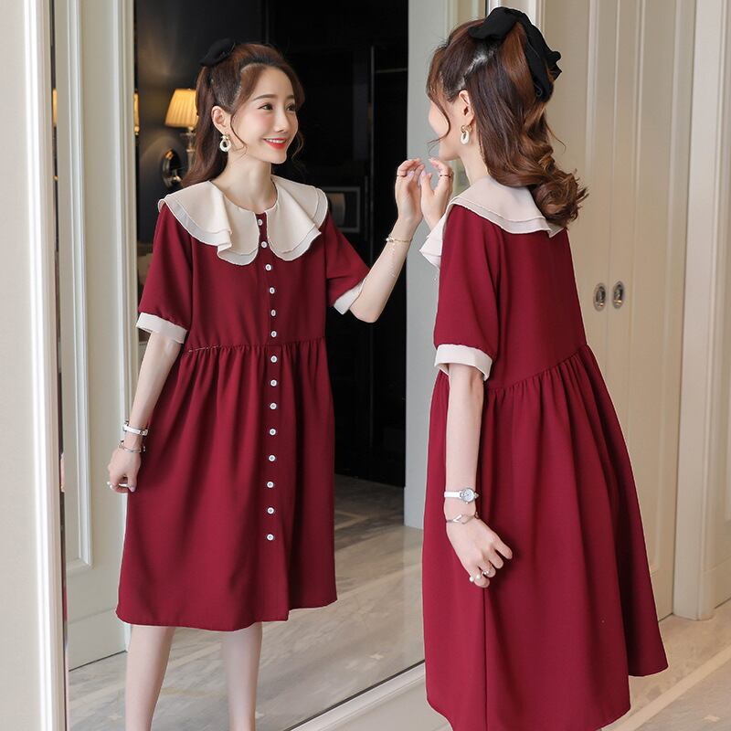 【新作】【送料無料】 マタニティウェア2020夏の新しいシフォンダブルレイヤードールカラードレスミドル丈ファッションマタニティドレス-アリババ サマー 夏物 expec283693859505