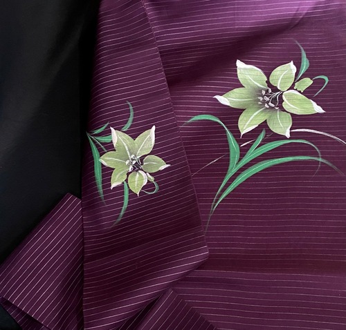〈紫の絽の名古屋〉百合の花　夏帯　軽い　上品　関東巻き　関西巻き