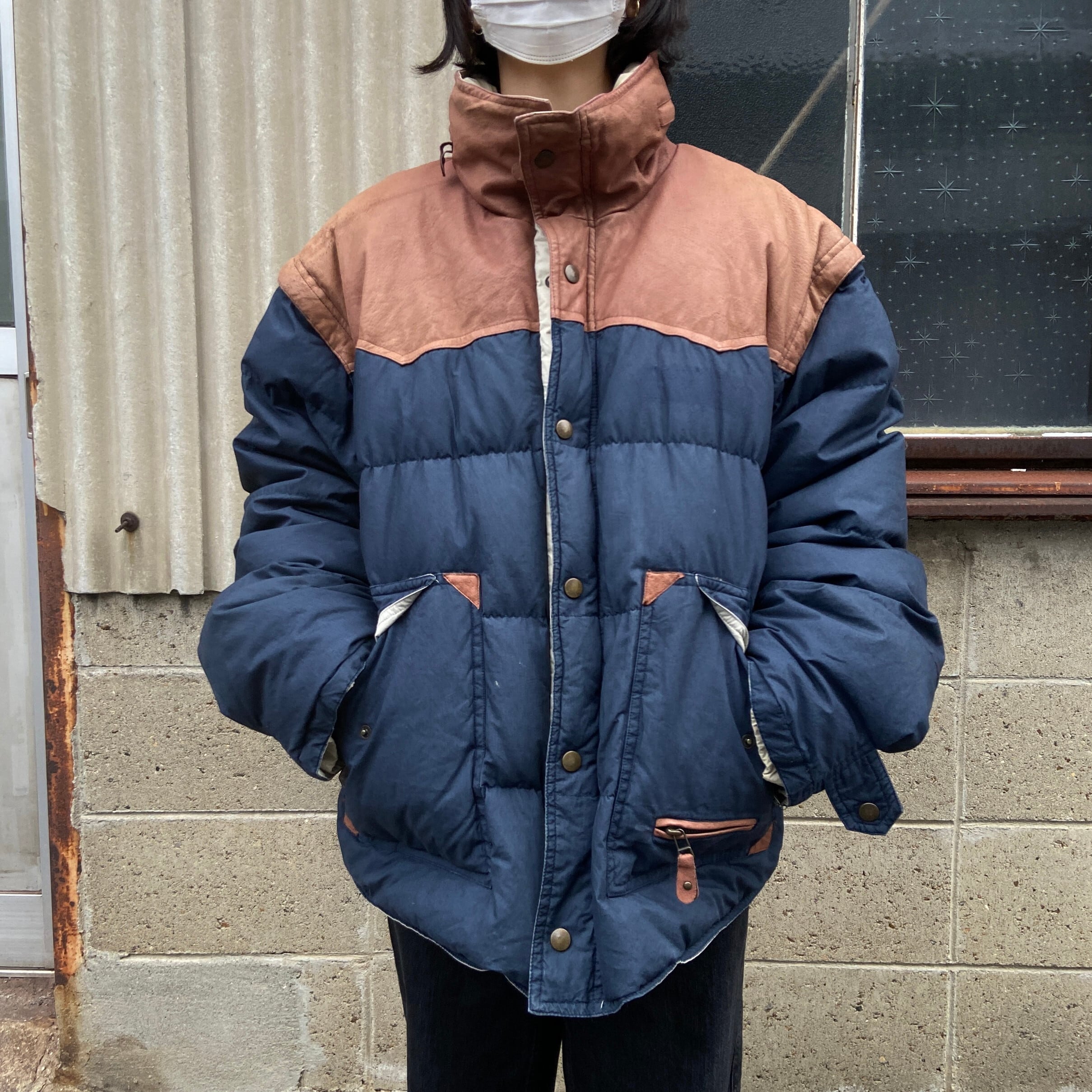Reebok リーボック 2way ダウンジャケット ベスト メンズl 古着 ダウンベスト 一部レザー コーデュロイライナー ネイビー 紺色 アウトドアジャケット Cave 古着屋 公式 古着通販サイト
