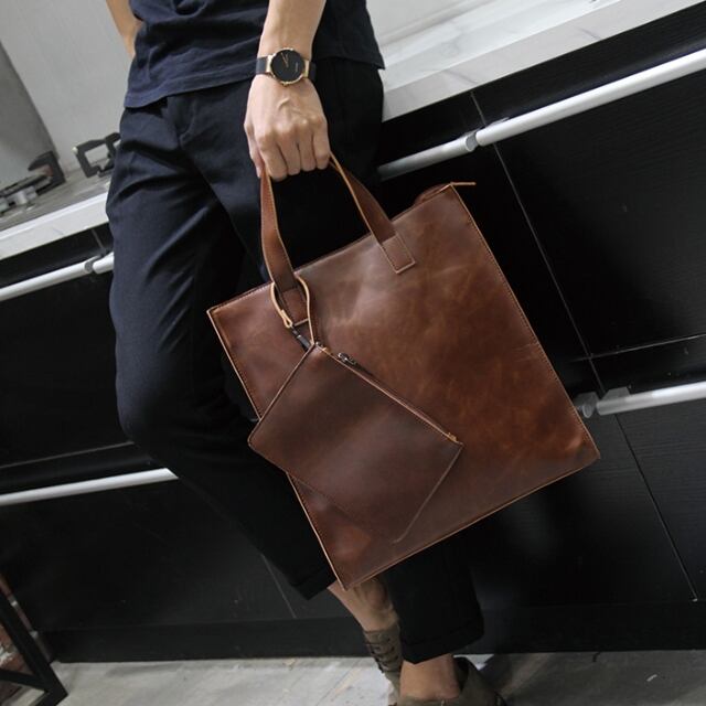 【予約販売】バッグ ビジネスバッグ レザー メンズ シンプル スクエア ビジネス 通勤 通学 ブラウン コーヒー ポーチ A4 大容量 こなれ感 お洒落 韓国 トレンド