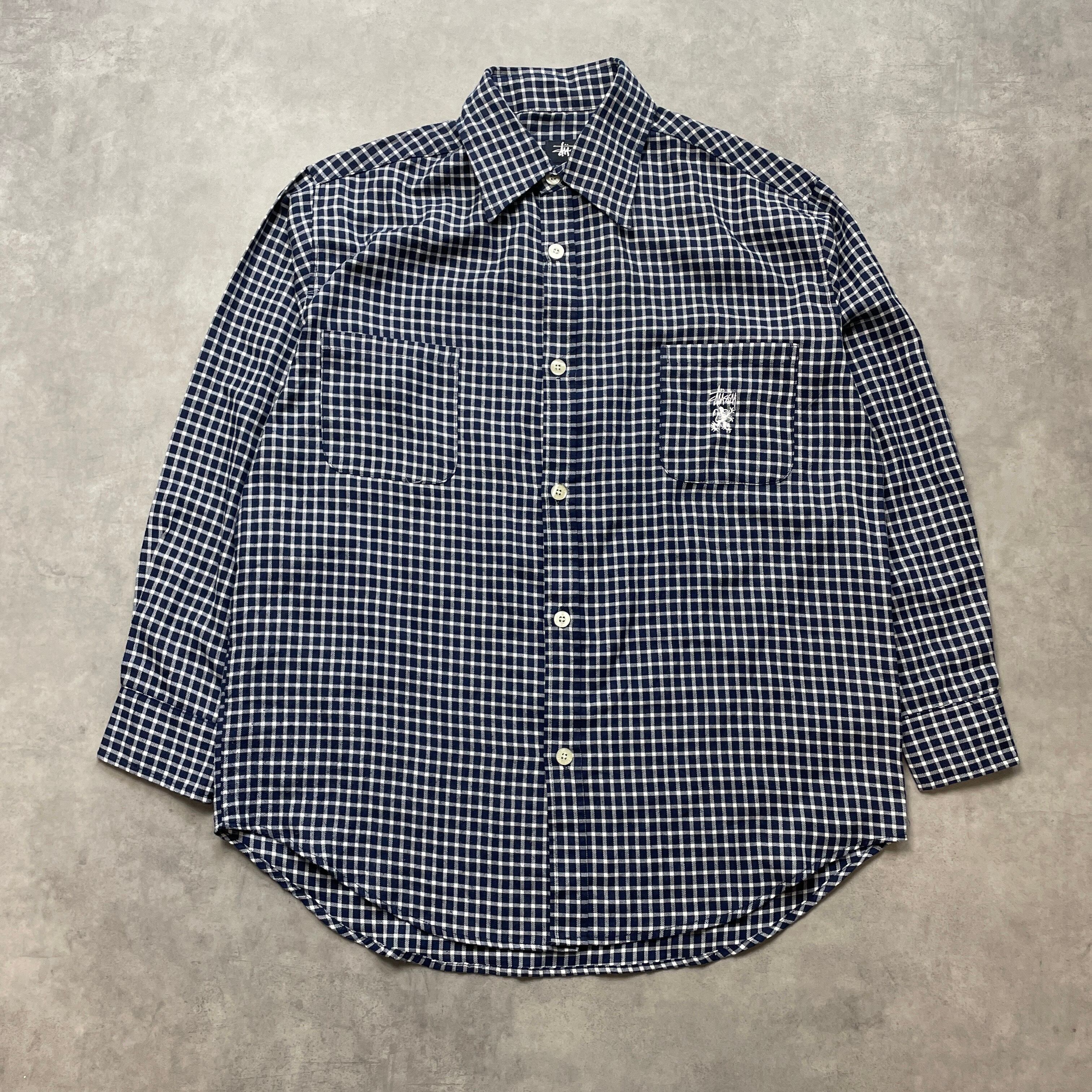 90s OLD STUSSY ライオン チェックシャツ 長袖 ネイビー