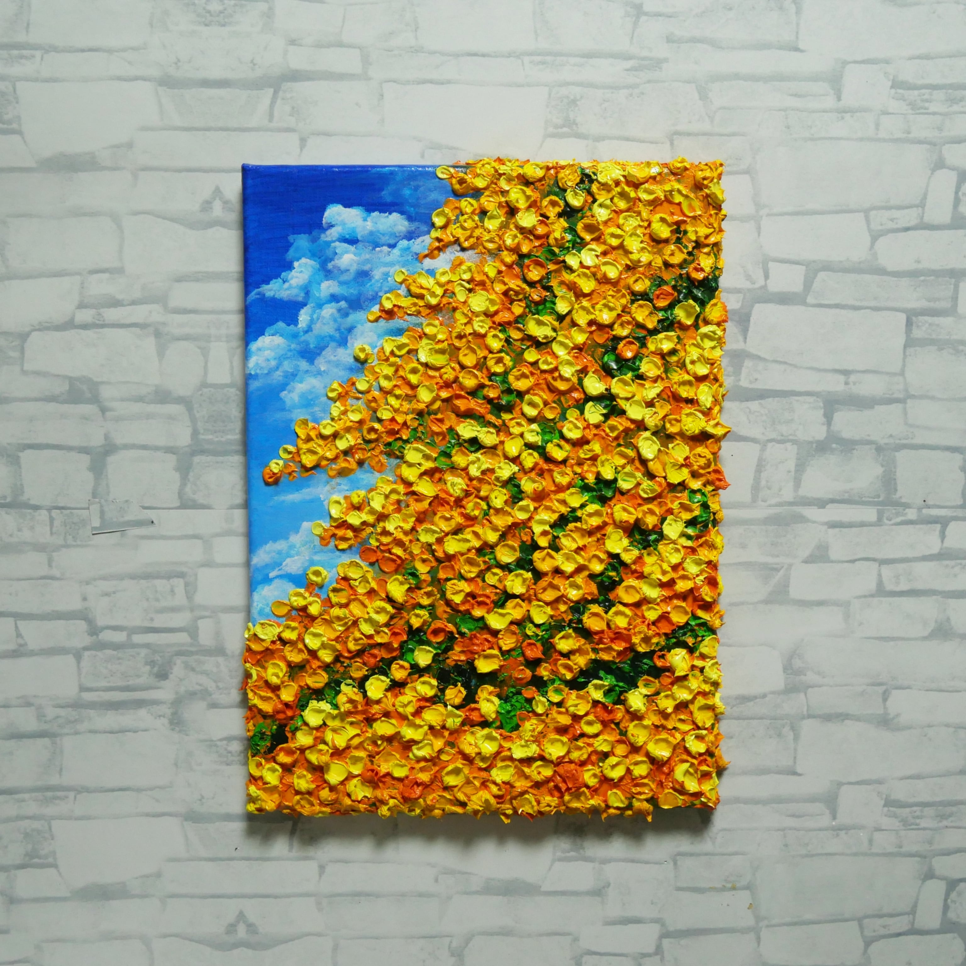 【F4号】ドクダミの花 油絵 oil painting 原画 黄色 イエロー F4号お部屋に春の光を。油絵【風とはずむミモザ】玄関やリビングを彩る