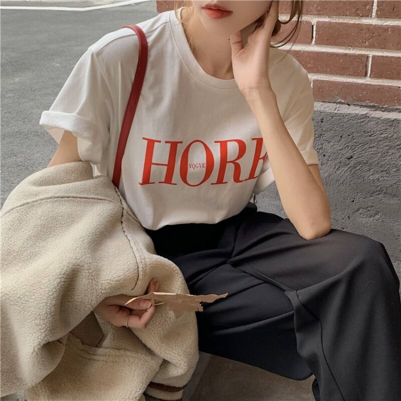 Tシャツ シャツ ルーズホワイトスプリングトップス 春物 ブラックストロベリース75984832233