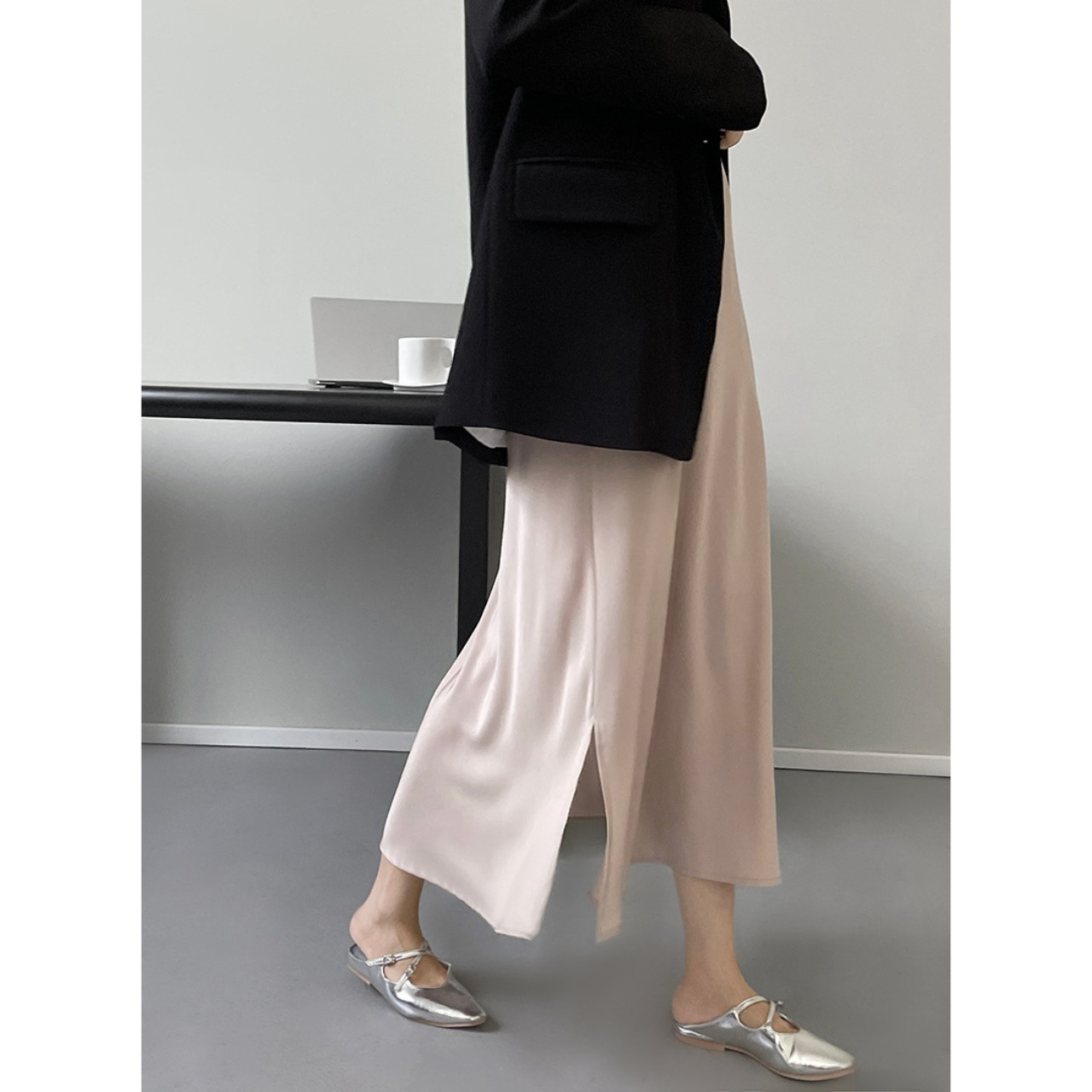 サテン スリット ロングスカート 10077