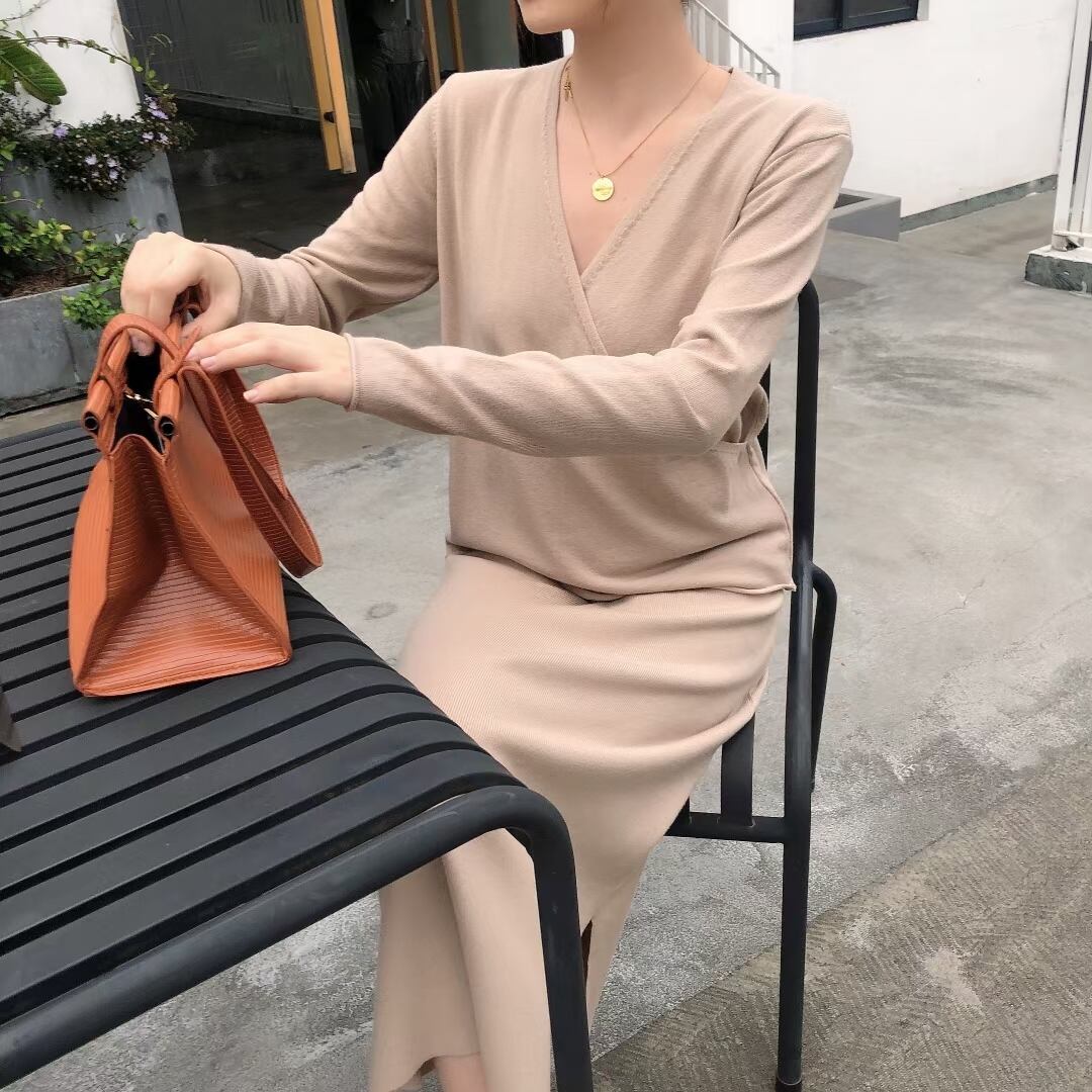 カシュクールトップス& Iラインスカート ニットセットアップ AJ1050-9055