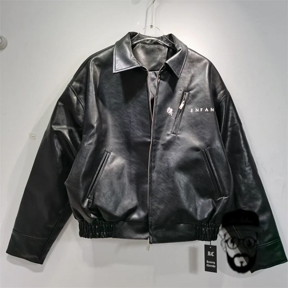 オートバイ用erd-ブラックレザーコート、3D刺embroideredジャケット