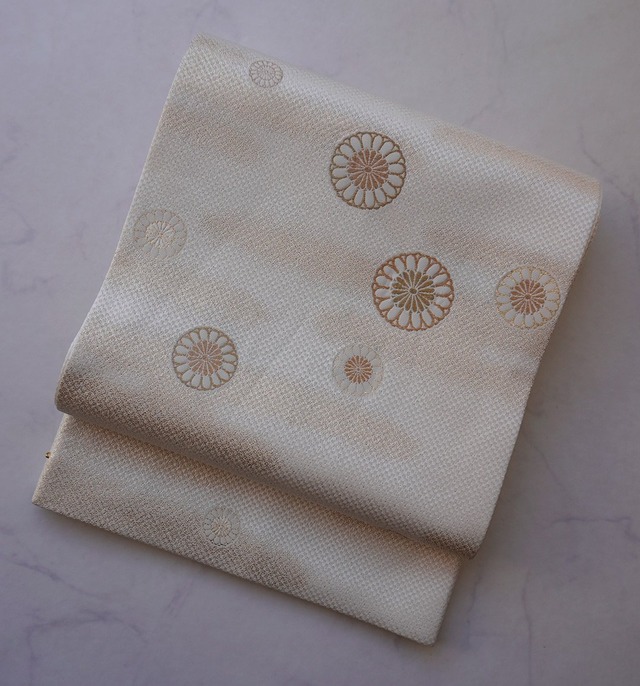 【ふくろ帯】ますいわ屋謹製　生成り地　菊華に霞文　ふくろ帯