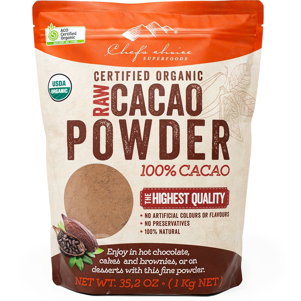 シェフズチョイス オーガニック ローカカオパウダー 1000g 20-22%脂質 Organic Raw Cacao Powder クリオロ種  非加熱RAW製法 Chef's Choice Japan ｜シェフズチョイスジャパン