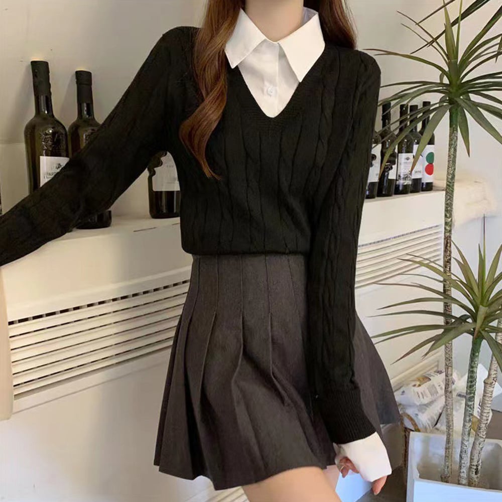 レイヤード風 ニット トップス レディース 春秋冬 韓国 重ね着 長袖 おしゃれ 大人 かわいい カジュアル シャツニット ブラウス 大人可愛い 大人女子