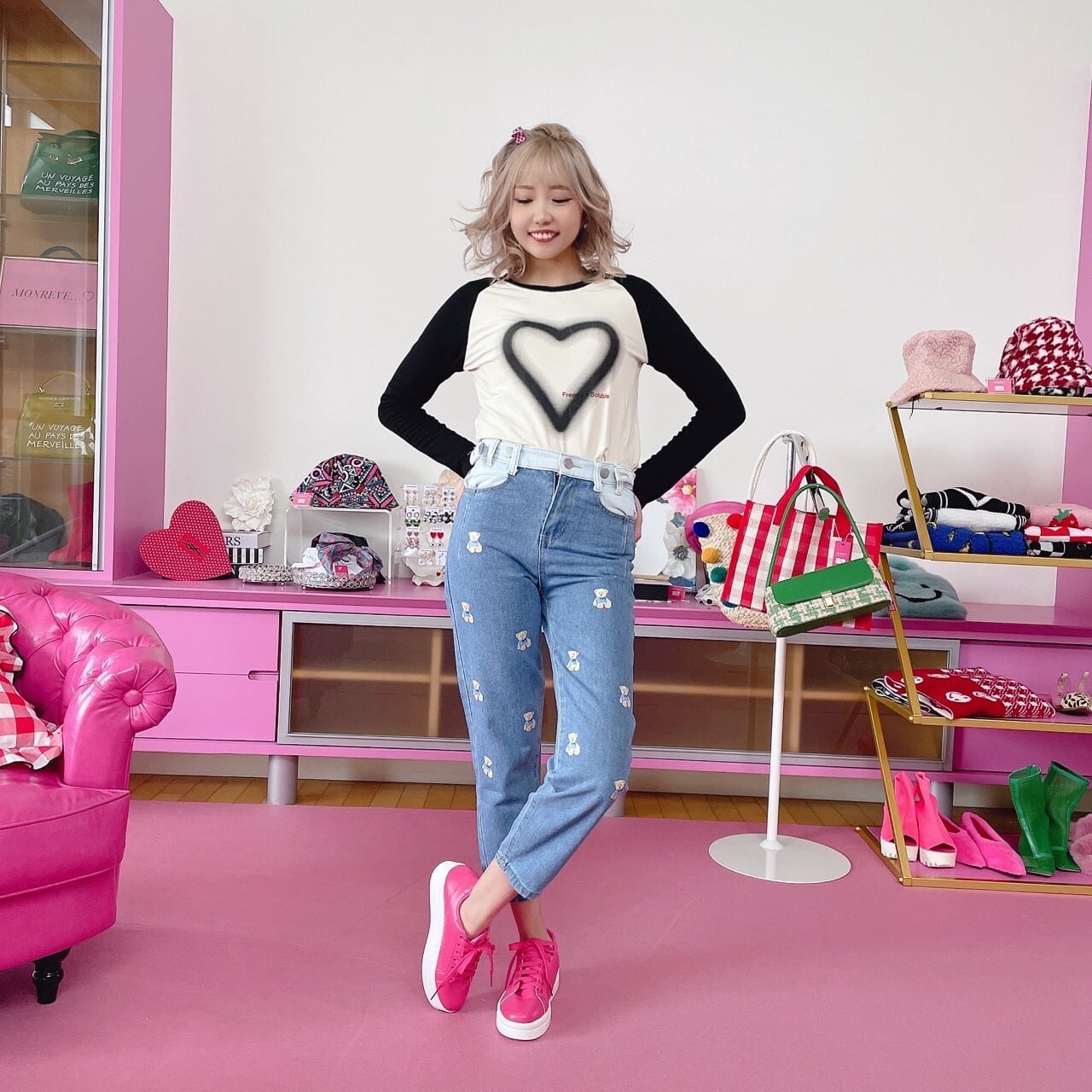 グニフニ♡くまちゃんのカントリーデニムパンツ くまちゃんロゴデニムパンツ/韓国/レディースファッション/ジーンズ