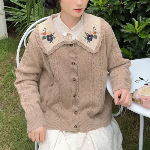 刺繍襟ケーブルニットカーディガン ・12279
