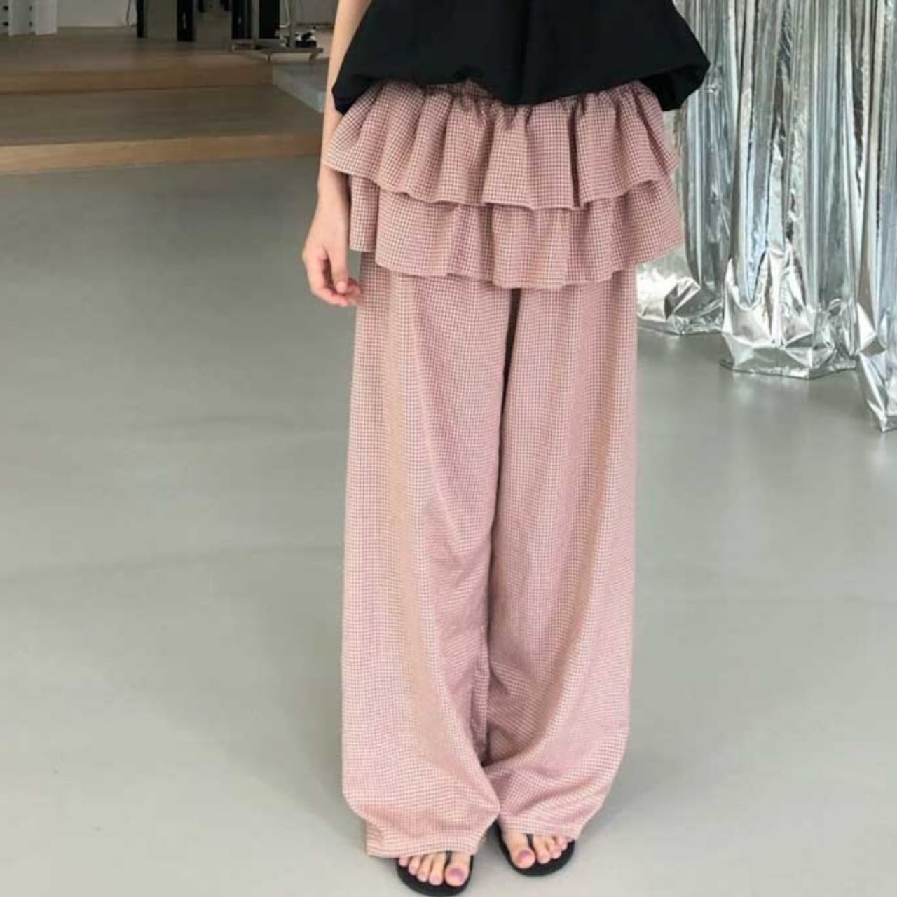Check Ruffles Wide Leg Pants 01207