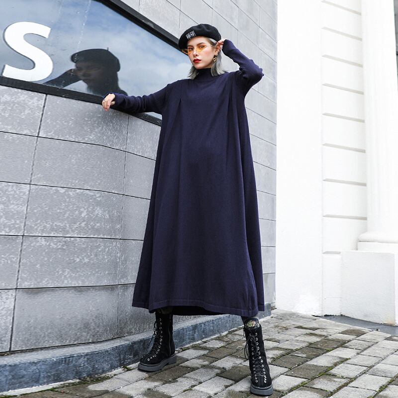 ニットワンピースレディース秋冬ミドル丈プラスサイズファットmm長袖ルーズハーフハイカラーインナーベースセーターワンピース ラブタオタオダレンハウス28369363393